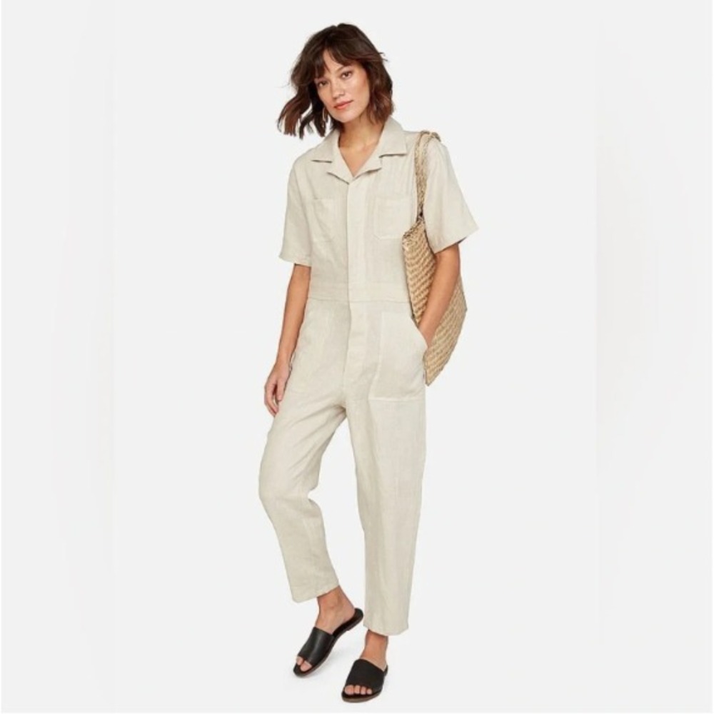 Mate The Label Womens Linen Short Sleeve Jumpsuit Button Front Natural Tan Small